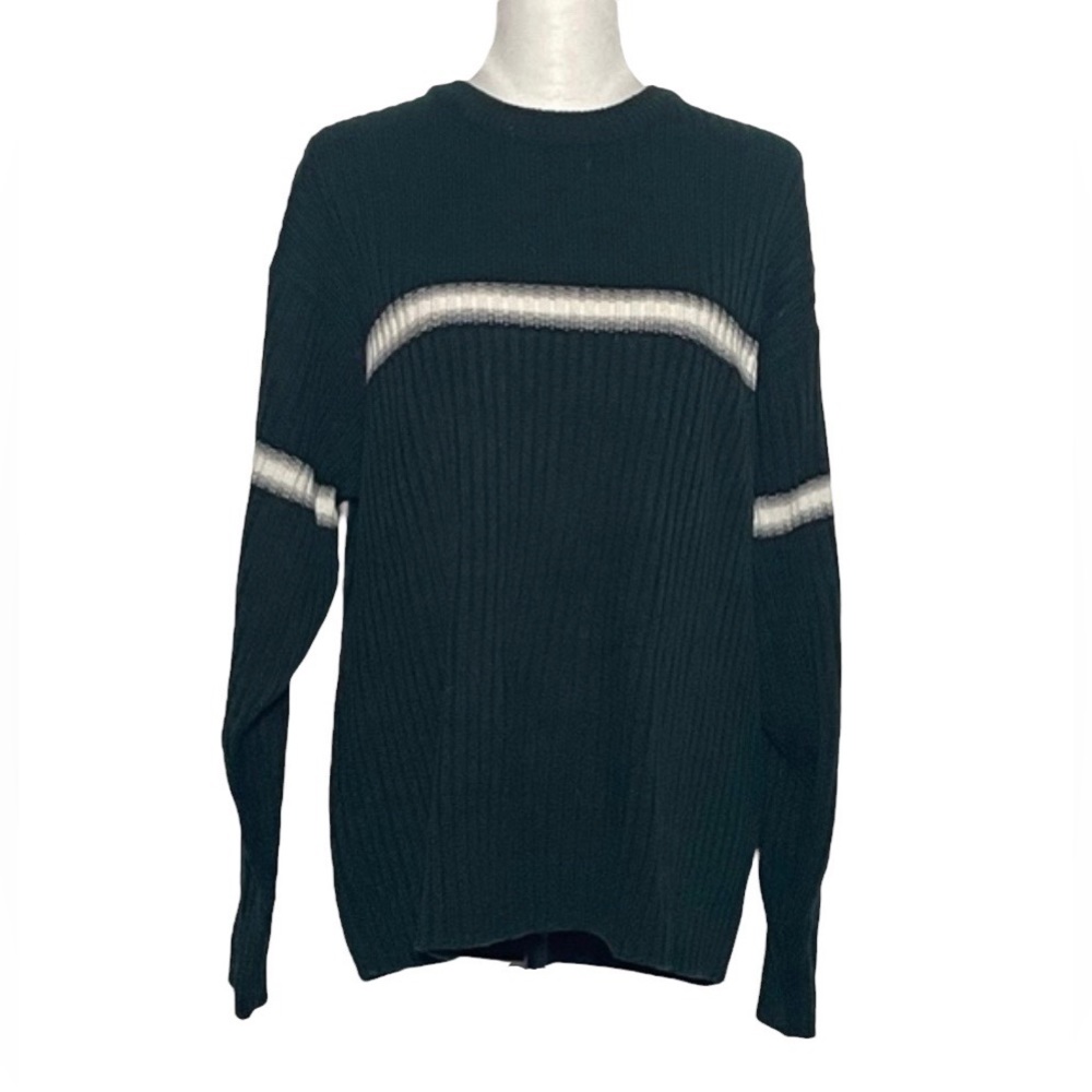 White Out Green White Stripe Crewneck Long Sleeve Men's Sweater L